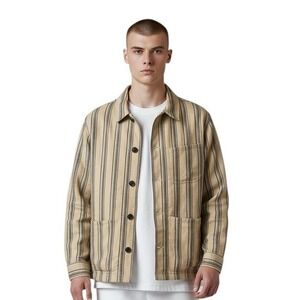 Todd Snyder 100% Italian Linen Chore Coat Striped Jacket Tan Men's Size Large